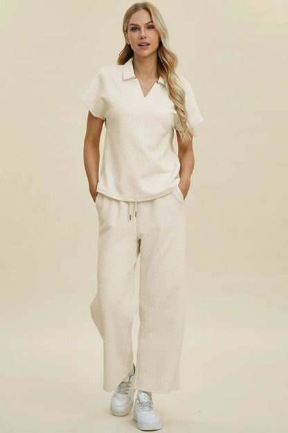 Double Take Full Size Collared Neck Short Sleeve Top and Pants Set - Tredona LLC
