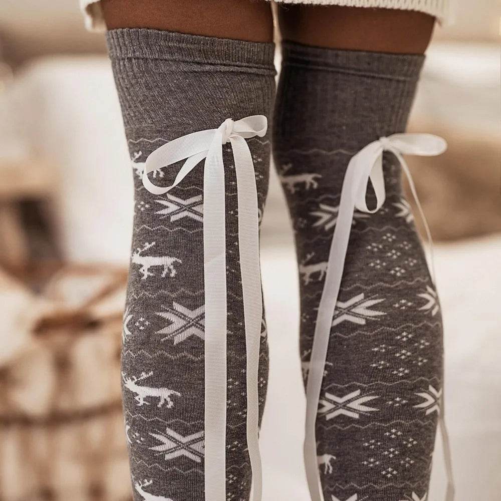 Christmas Element Bowknot Ribbed Trim Over Knee Stockings - Tredona LLC