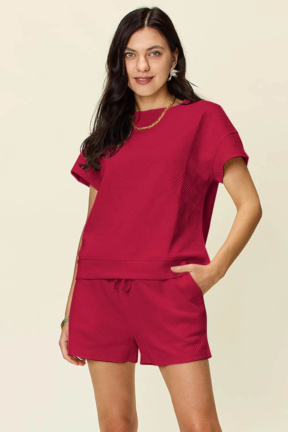Double Take Full Size Texture Short Sleeve T-Shirt and Drawstring Shorts Set - Tredona LLC