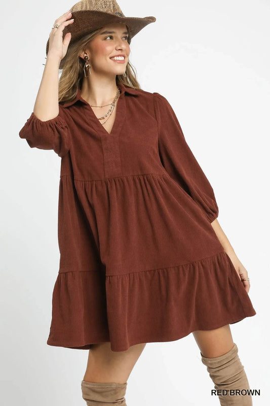 Umgee Tiered Corduroy Mini Dress with Balloon Sleeves - Tredona LLC