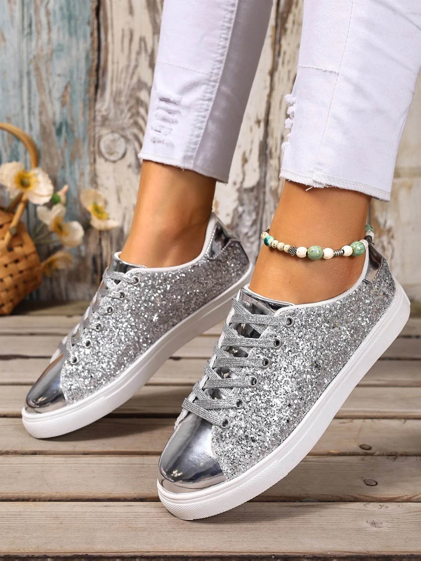 Sequin Lace Up Sneakers - Tredona LLC