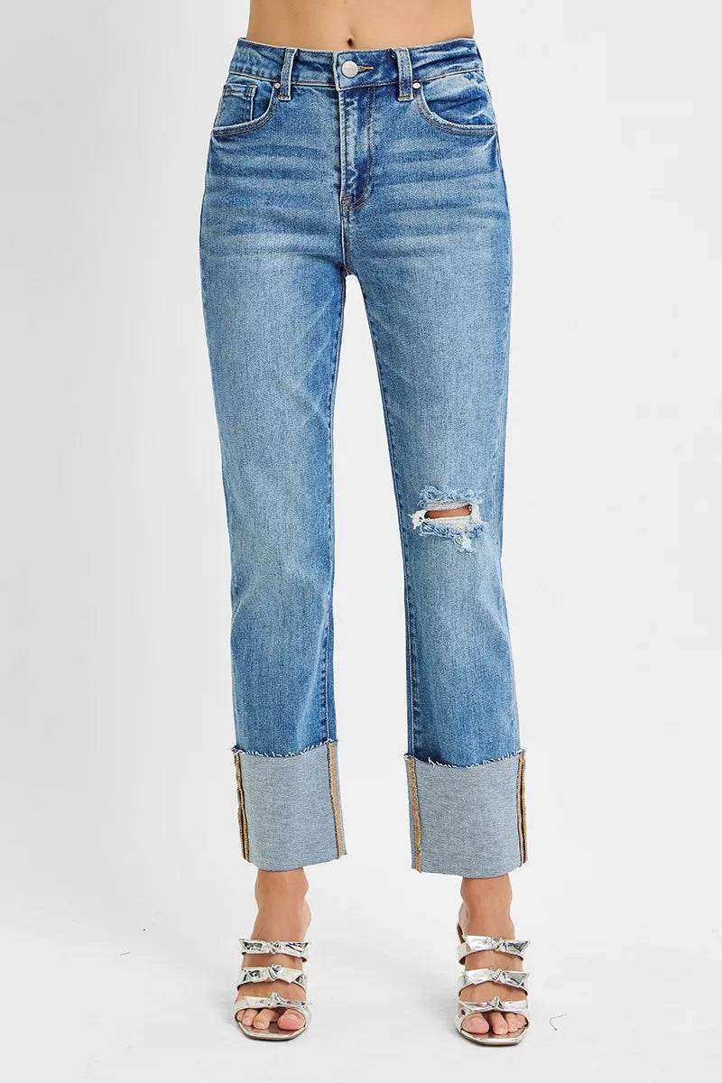 RISEN Full Size High Rise Ankle Straight Wide Cuffed Jeans Plus Size - Tredona LLC