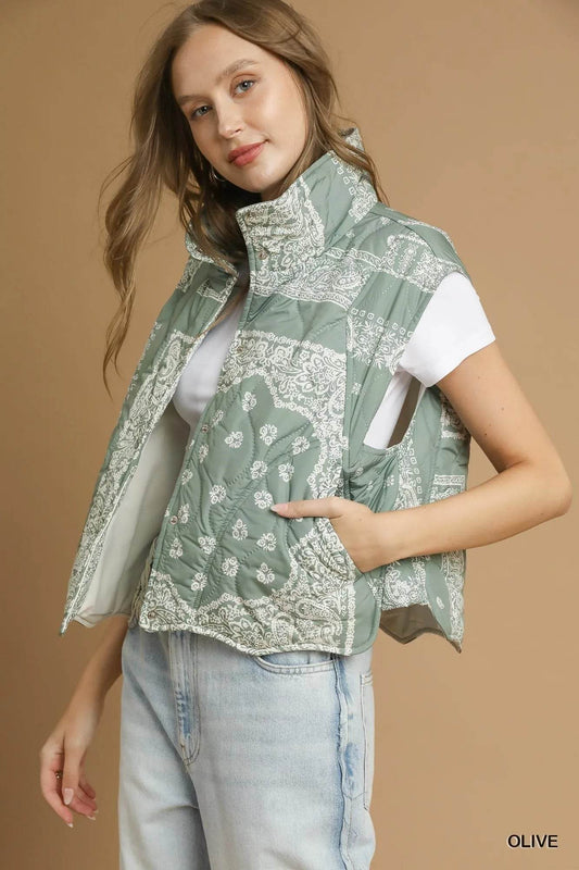 Umgee Bandana Print Quilted Puffer Vest - Tredona LLC