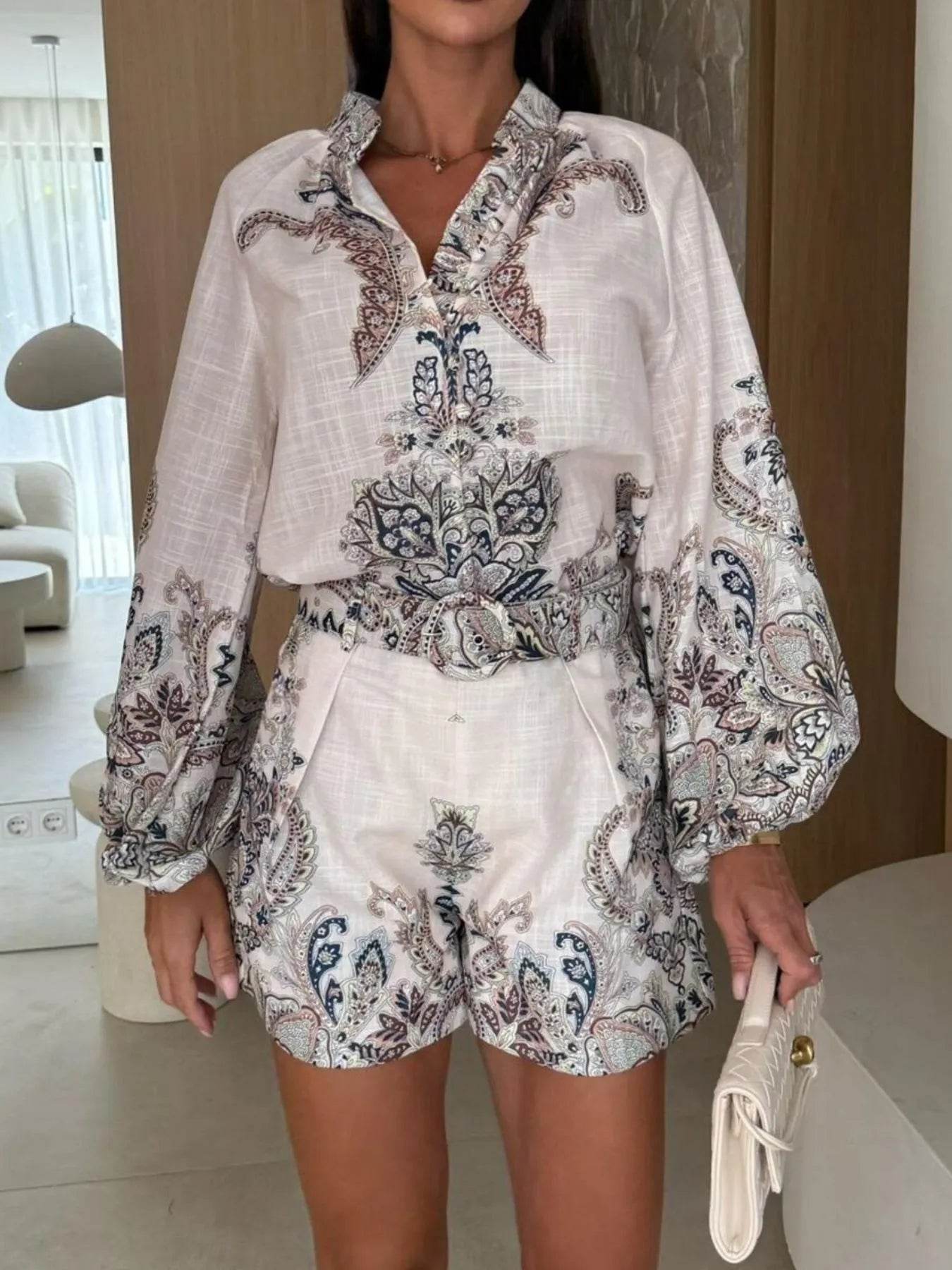 Printed Long Sleeve Shirt and Shorts Set - Tredona LLC
