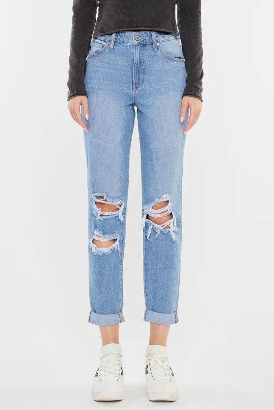 Kancan High Rise Distressed Mom Jeans - Tredona LLC