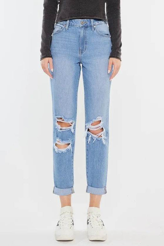 Kancan High Rise Distressed Mom Jeans - Tredona LLC