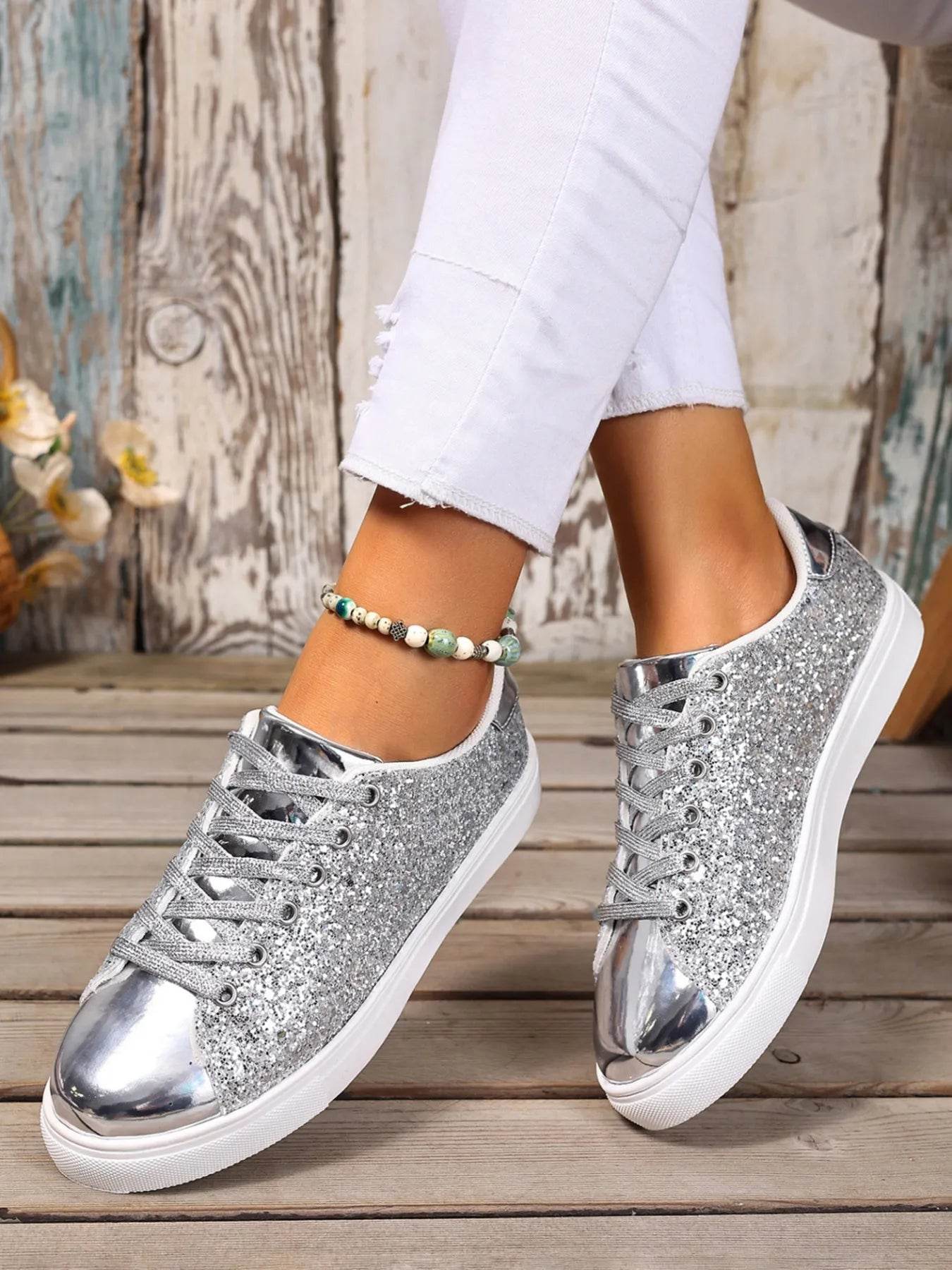 Sequin Lace Up Sneakers - Tredona LLC