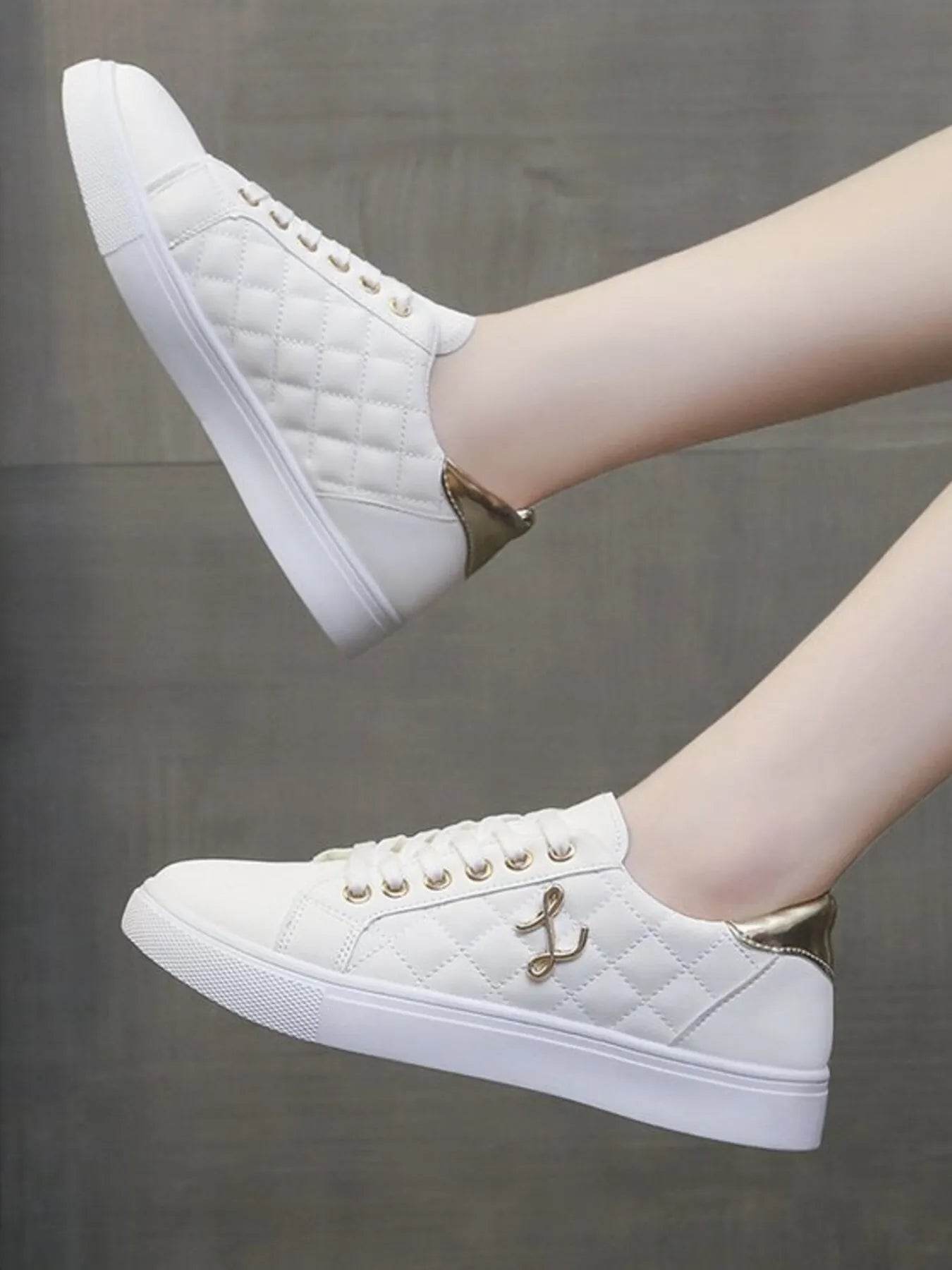 Quilted Platform Sneakers with Metallic Gold Accents - Tredona LLC