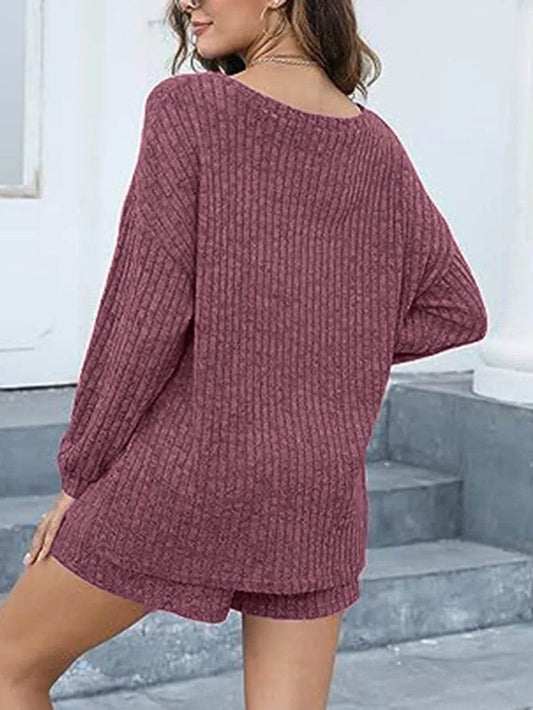 Round Neck Dropped Shoulder Top and Shorts Set - Tredona LLC