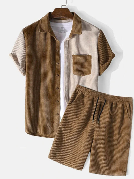 Men's Full Size Color Block Button Up Shirt and Shorts Set Plus Size - Tredona LLC