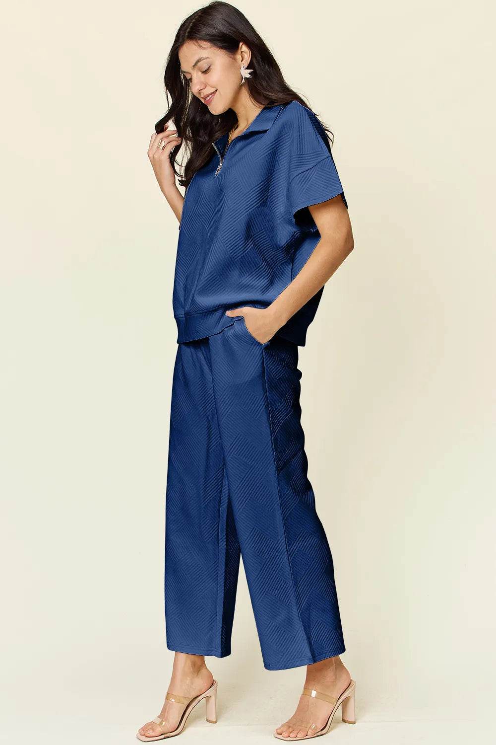 Double Take Full Size Texture Half Zip Short Sleeve Top and Pants Set - Tredona LLC