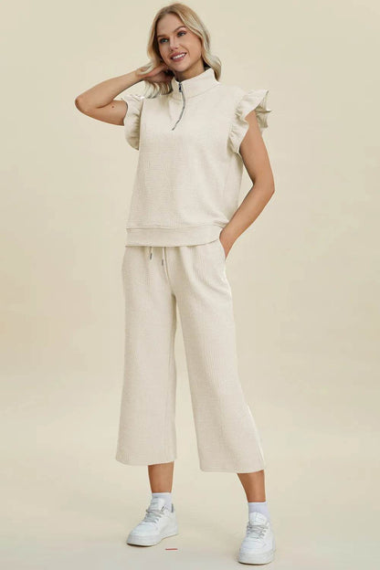 Double Take Full Size Texture Ruffle Short Sleeve Top and Wide Leg Pants Set - Tredona LLC