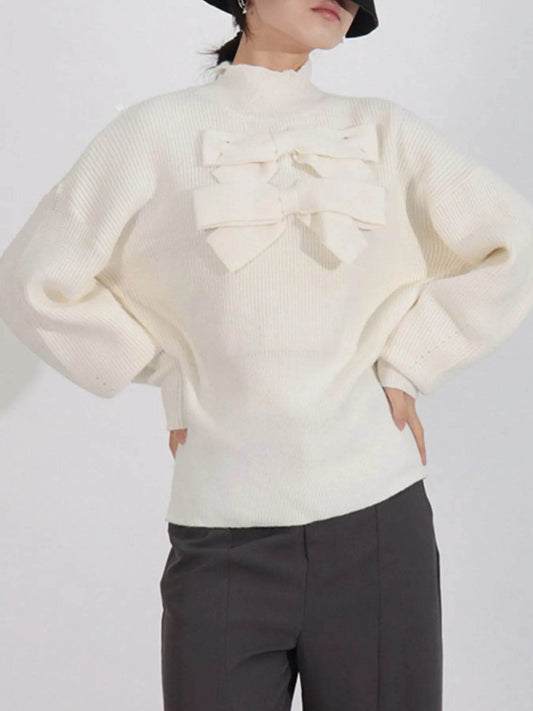 Bow Front Turtleneck Long Sleeve Sweater - Tredona LLC