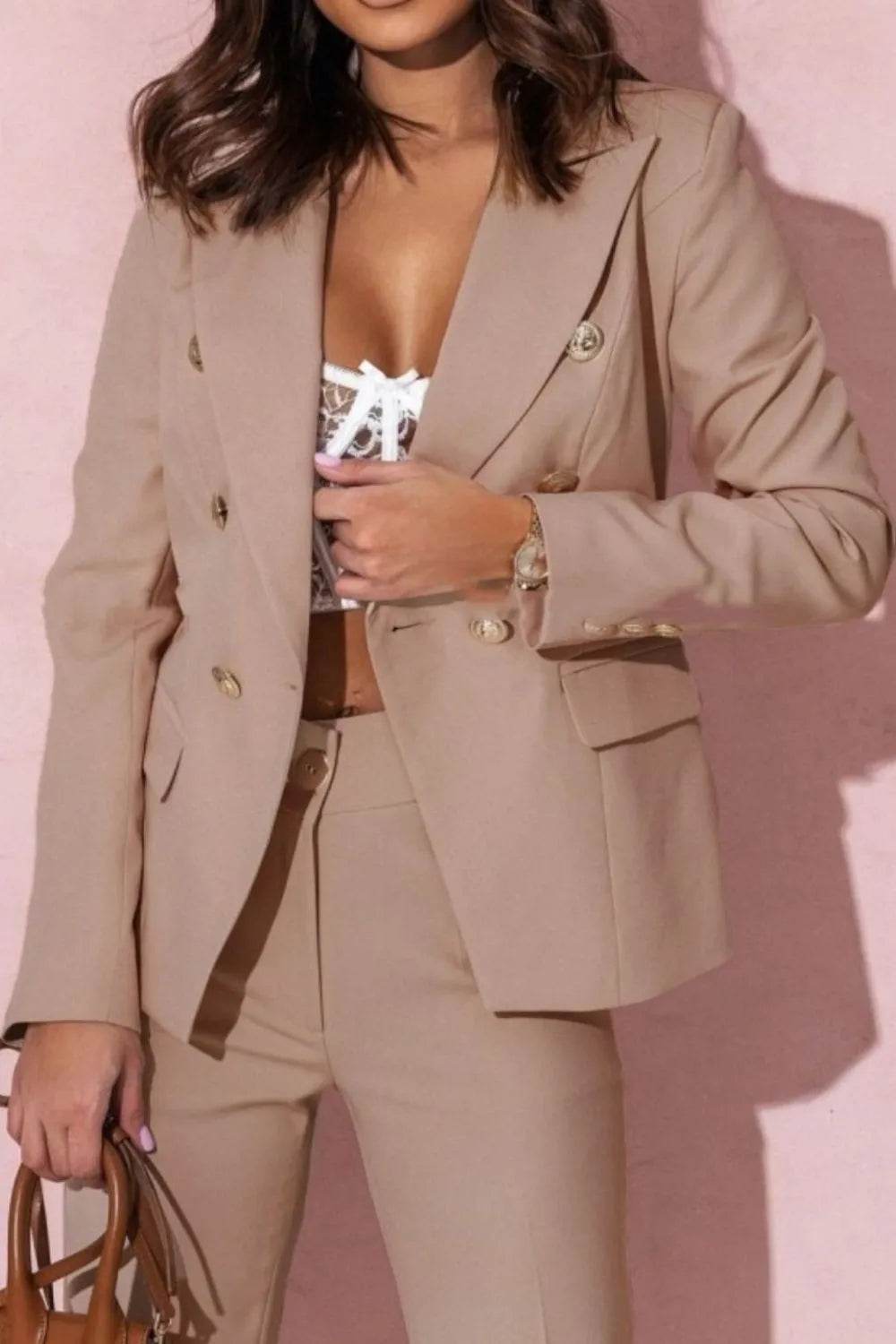 Full Size Lapel Collar Long Sleeve Blazer and Pants Set Plus Size - Tredona LLC