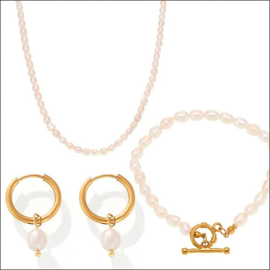 Pearl Necklace, Bracelet and Earrings 4-Piece Jewelry Set - Tredona LLC