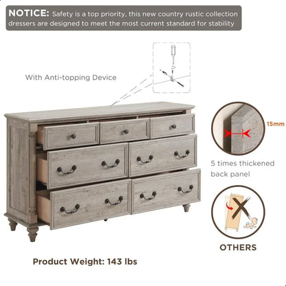 Rustic Country Style 7-Drawer Wood Dresser with Solid Feet and Column Accents for Bedroom