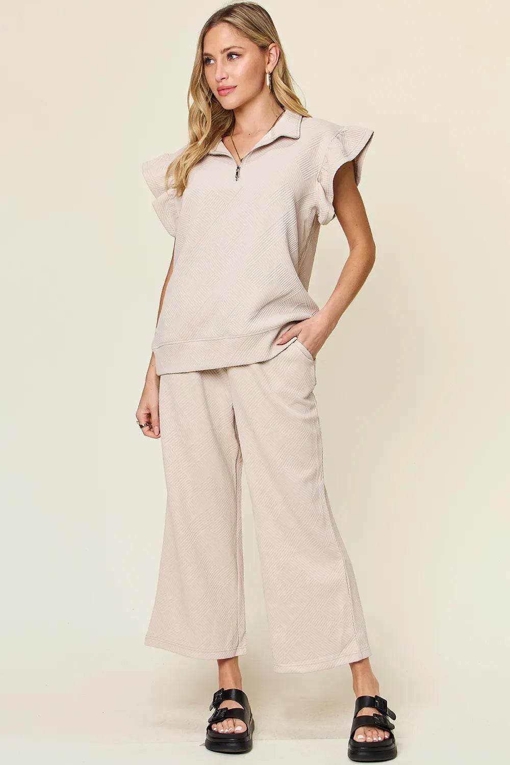 Double Take Texture Ruffle Short Sleeve Top and Drawstring Wide Leg Pants Set - Tredona LLC