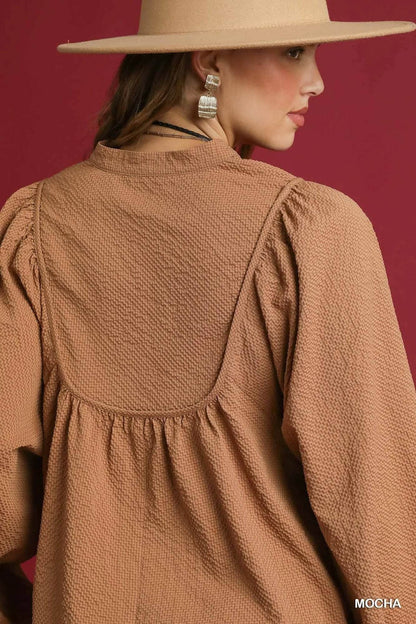 Umgee Textured Notched Blouse with Balloon Sleeves - Tredona LLC