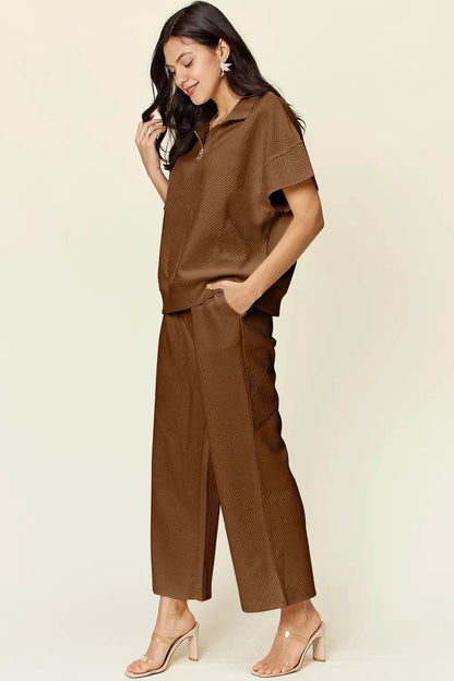 Double Take Full Size Texture Half Zip Short Sleeve Top and Pants Set - Tredona LLC