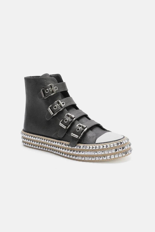 Beast Fashion Multi-Buckle Straps Studded Platform Sneakers - Tredona LLC