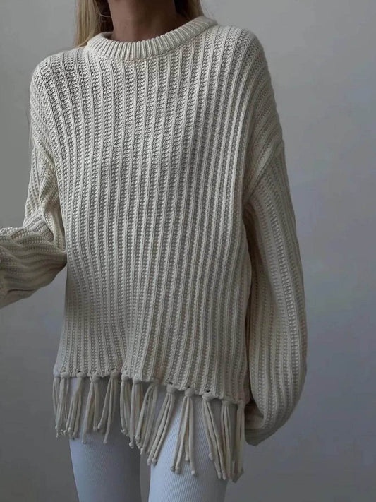 Fringe Round Neck Long Sleeve Sweater - Tredona LLC