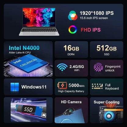 Windows 11 Pro 15.6" Laptop Computer Intel Celeron N4000 16GB DDR 1TB SSD Laptops Office Computer PC Fingerprint Unlock Notebook