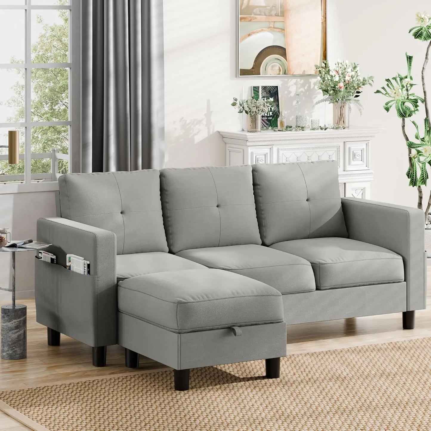 L-Shaped Couch 3 Seat Sofa Set with Linen Fabric and Ottoman Small Couch for Apartments, Black sofa set living room furniture