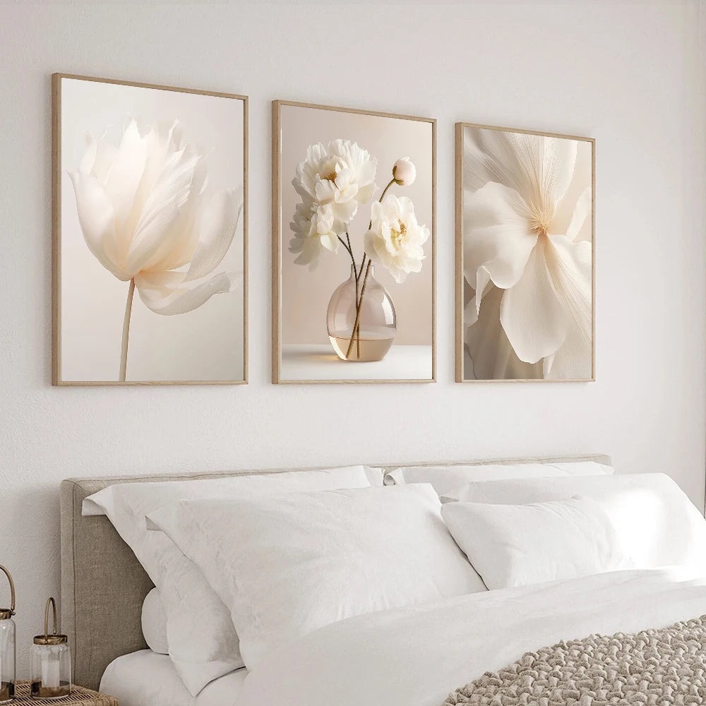 1PC/3PCS Frameless Nordic Beige Peony Flowers Canvas Painting Modern Floral Botanical Posters Aesthetic Wall Art Home Decoration