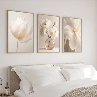1PC/3PCS Frameless Nordic Beige Peony Flowers Canvas Painting Modern Floral Botanical Posters Aesthetic Wall Art Home Decoration