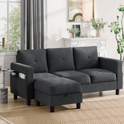 L-Shaped Couch 3 Seat Sofa Set with Linen Fabric and Ottoman Small Couch for Apartments, Black sofa set living room furniture