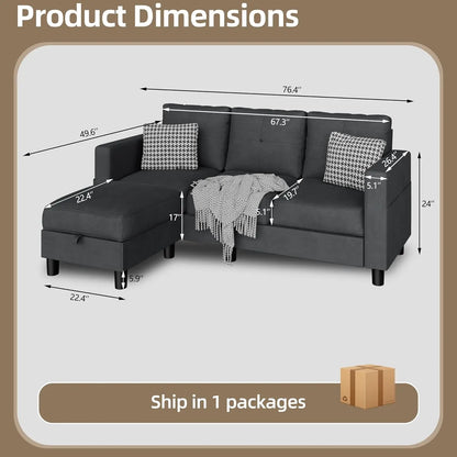 L-Shaped Couch 3 Seat Sofa Set with Linen Fabric and Ottoman Small Couch for Apartments, Black sofa set living room furniture