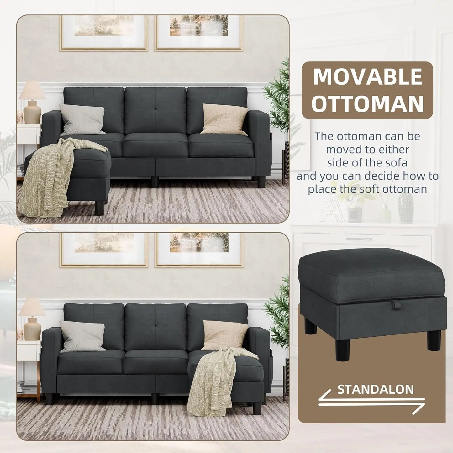 L-Shaped Couch 3 Seat Sofa Set with Linen Fabric and Ottoman Small Couch for Apartments, Black sofa set living room furniture