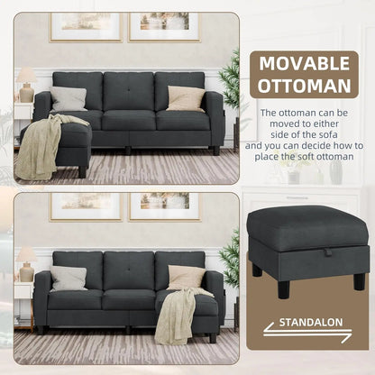 L-Shaped Couch 3 Seat Sofa Set with Linen Fabric and Ottoman Small Couch for Apartments, Black sofa set living room furniture