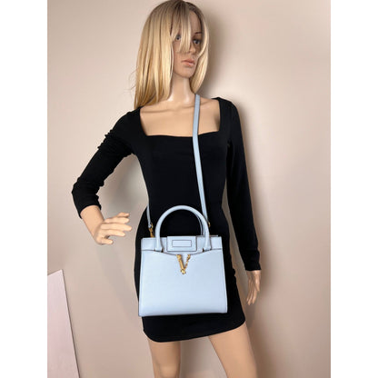 Versace Virtus Top Handle Grained Calfskin Light Blue Tote