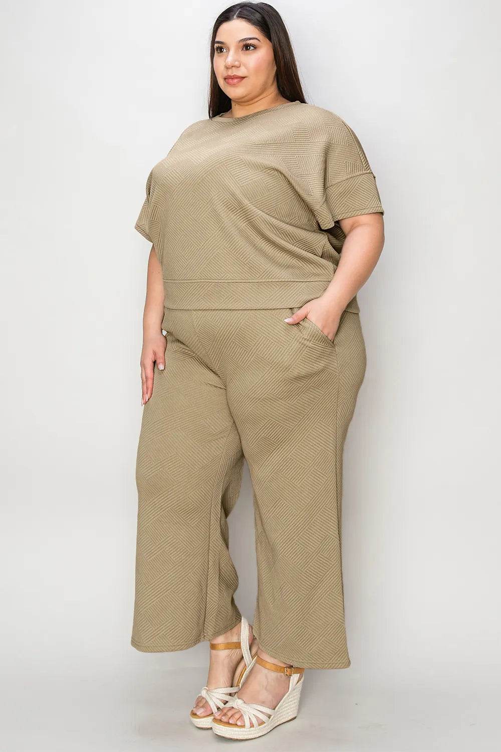 Double Take Full Size Texture Short Sleeve Top and Pants Set - Tredona LLC
