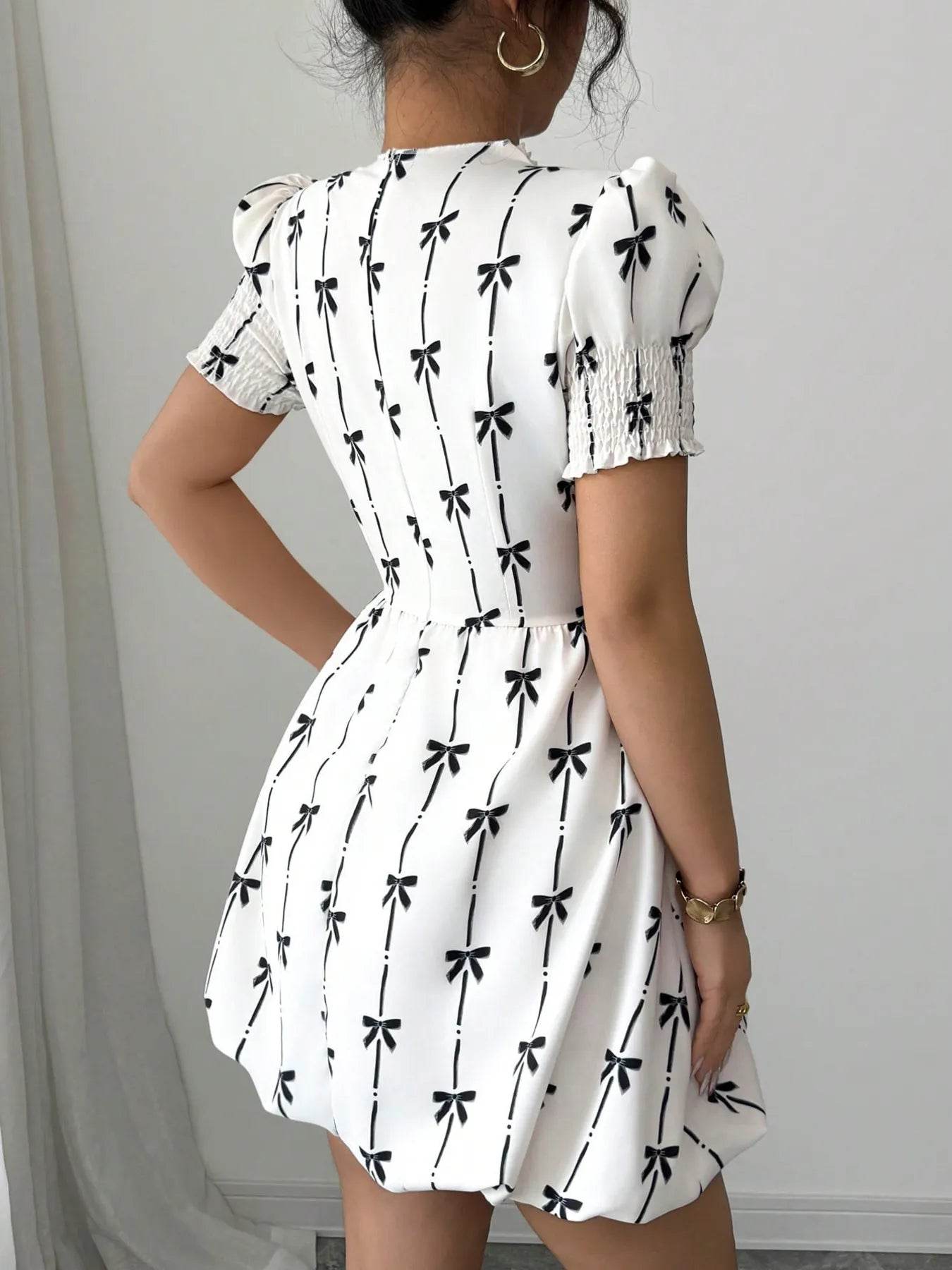 Smocked Bow Print Short Sleeve Dress - Tredona LLC