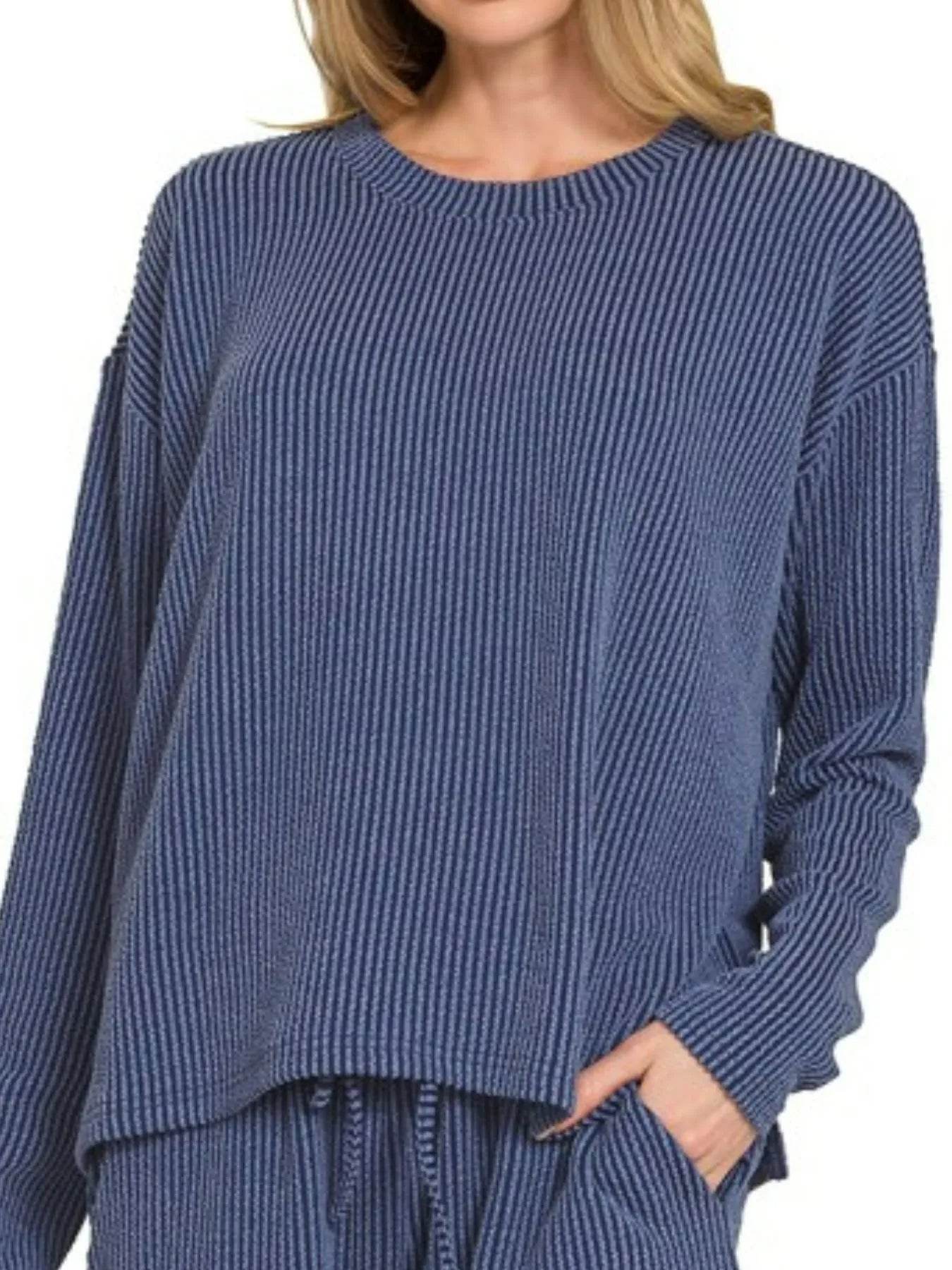 Zenana Corded Rib Long Sleeve Tee and Shorts Set - Tredona LLC