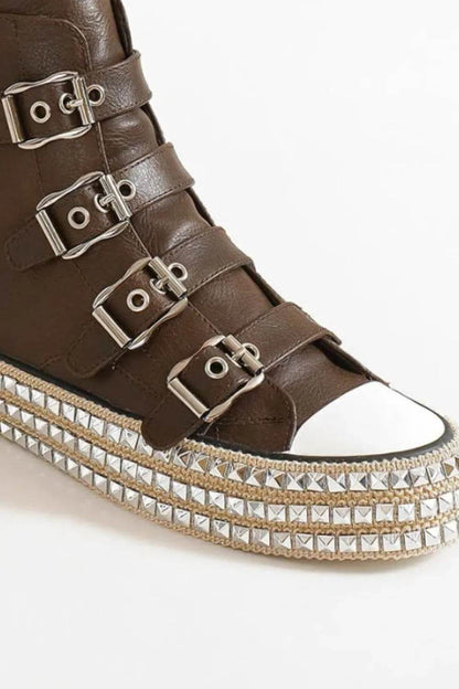 Beast Fashion Multi-Buckle Straps Studded Platform Sneakers - Tredona LLC