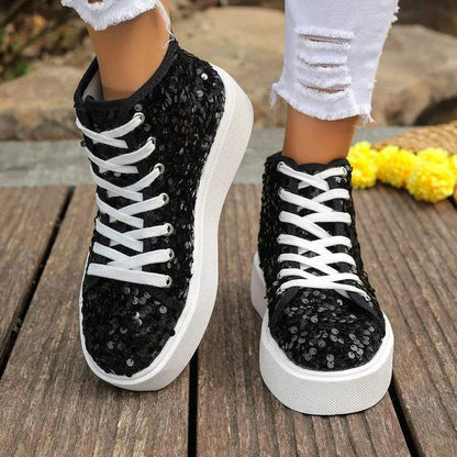 Sequin Round Toe Platform Sneakers - Tredona LLC