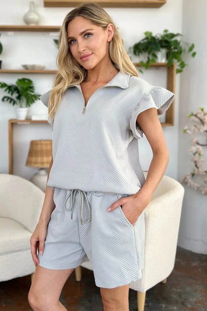 Double Take Full Size Texture Flounce Sleeve Top and Drawstring Shorts Set - Tredona LLC