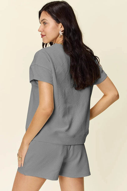 Double Take Full Size Texture Short Sleeve T-Shirt and Drawstring Shorts Set - Tredona LLC