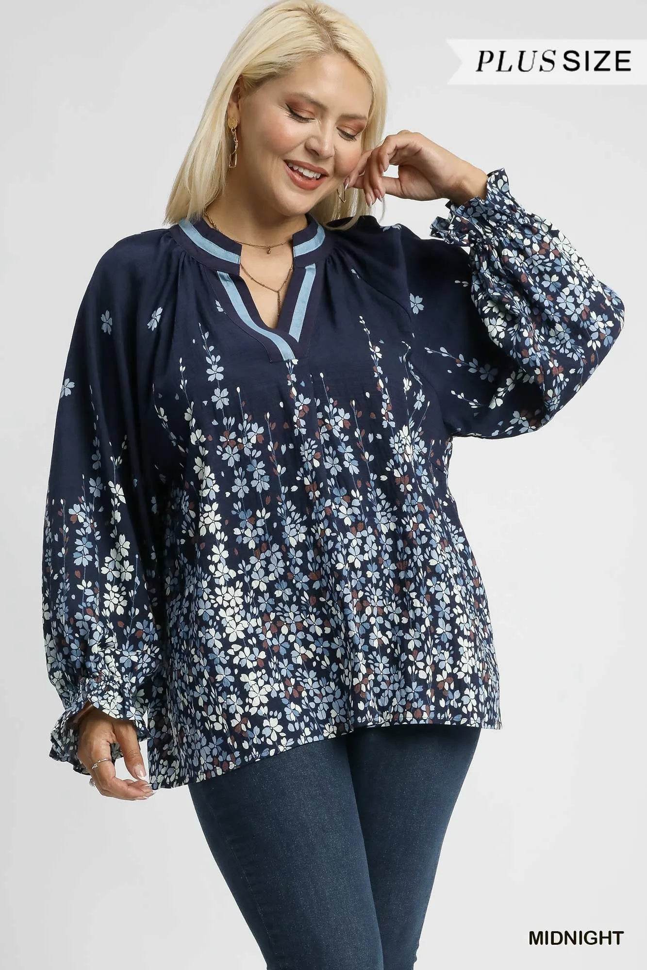 Umgee Full Size Floral Vine Print Blouse with Balloon Sleeves Plus Size - Tredona LLC