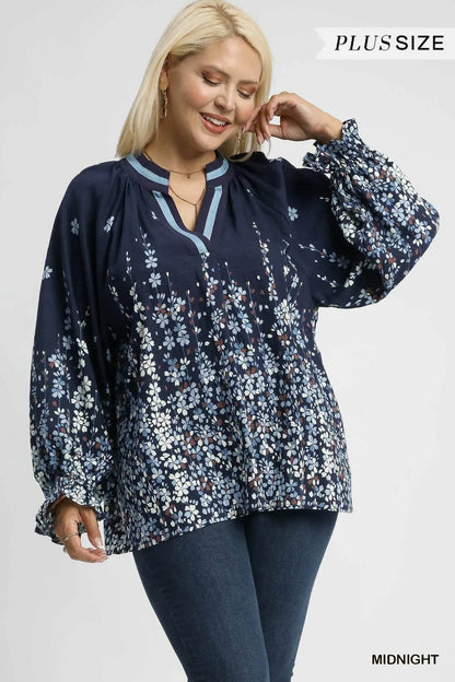 Umgee Full Size Floral Vine Print Blouse with Balloon Sleeves Plus Size - Tredona LLC