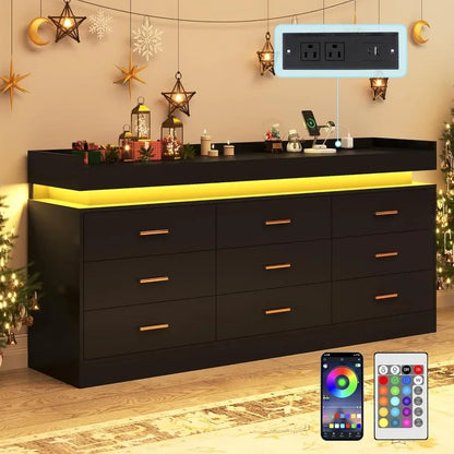 Modern LED-lit 9-Drawer Dresser with Built-in Charging Station and Power Outlet for Bedroom Organization