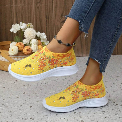 Rhinestone Floral Print Sneakers - Tredona LLC
