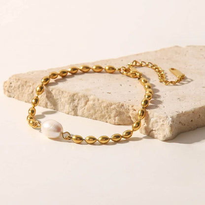 Pearl and Gold Chain Jewelry Set with Necklace and Bracelet - Tredona LLC