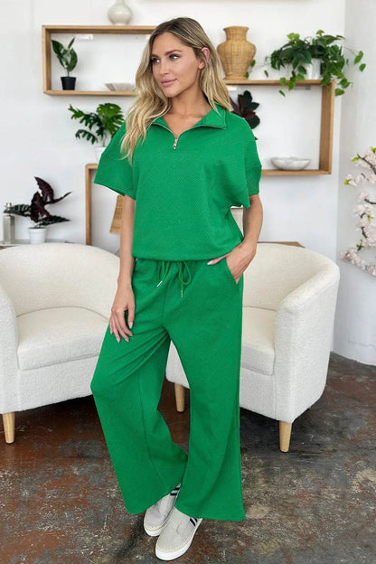 Double Take Full Size Texture Half Zip Short Sleeve Top and Pants Set - Tredona LLC