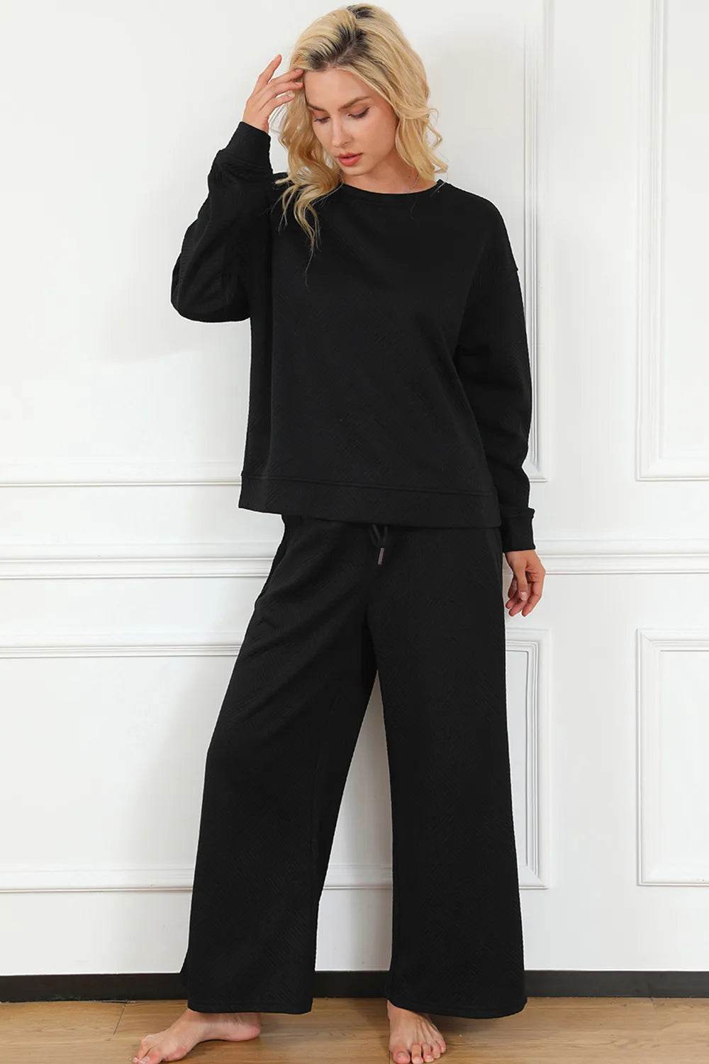 Double Take Full Size Textured Long Sleeve Top and Drawstring Pants Set - Tredona LLC