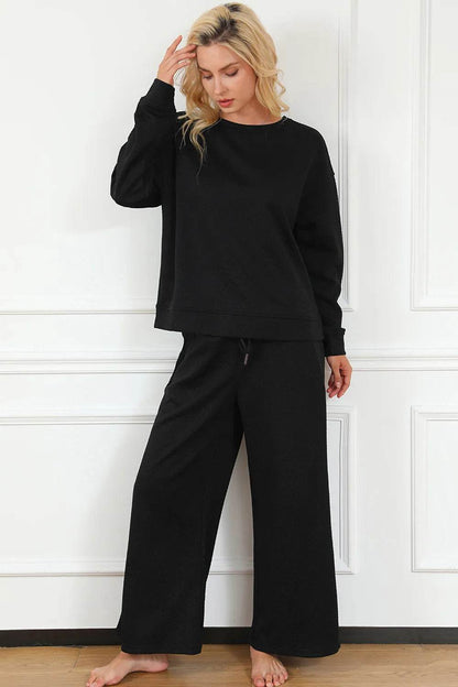 Double Take Full Size Textured Long Sleeve Top and Drawstring Pants Set - Tredona LLC