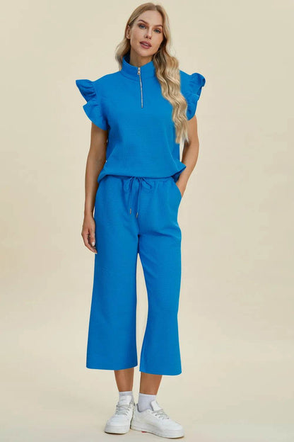 Double Take Full Size Texture Ruffle Short Sleeve Top and Wide Leg Pants Set - Tredona LLC